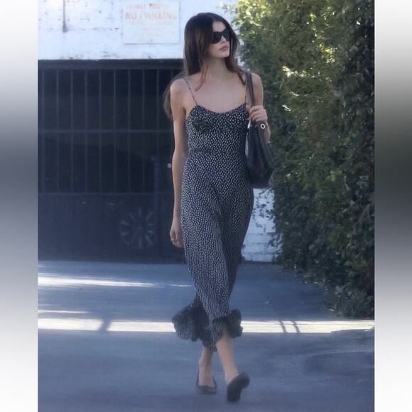 NWT Doen Rosaria Silk Ruched Bust Ruffle Midi Maxi Dress Camille Dot Polka Black - Picture 7 of 16